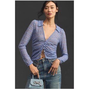 Anthropologie Long-Sleeve V-Neck Floral Lace Top lavender Sheer Blouse Romantic